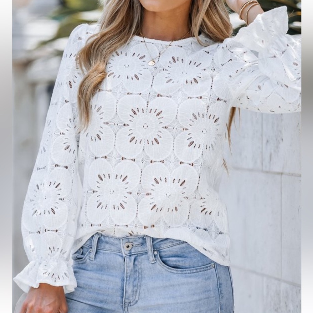 Cupshe White floral eyelet  Blouse with trumpet sleeves